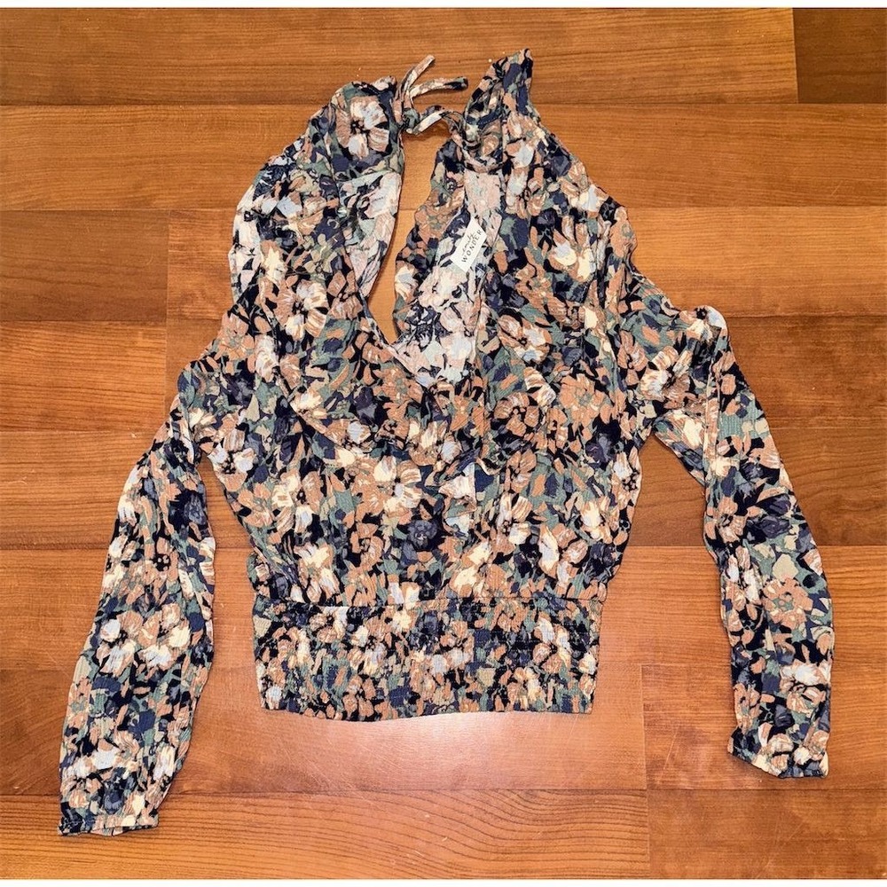 Emily Wonder Women Floral V-Neck Blouse‎ Top S feminine Long Sleeve Ruffle shirt